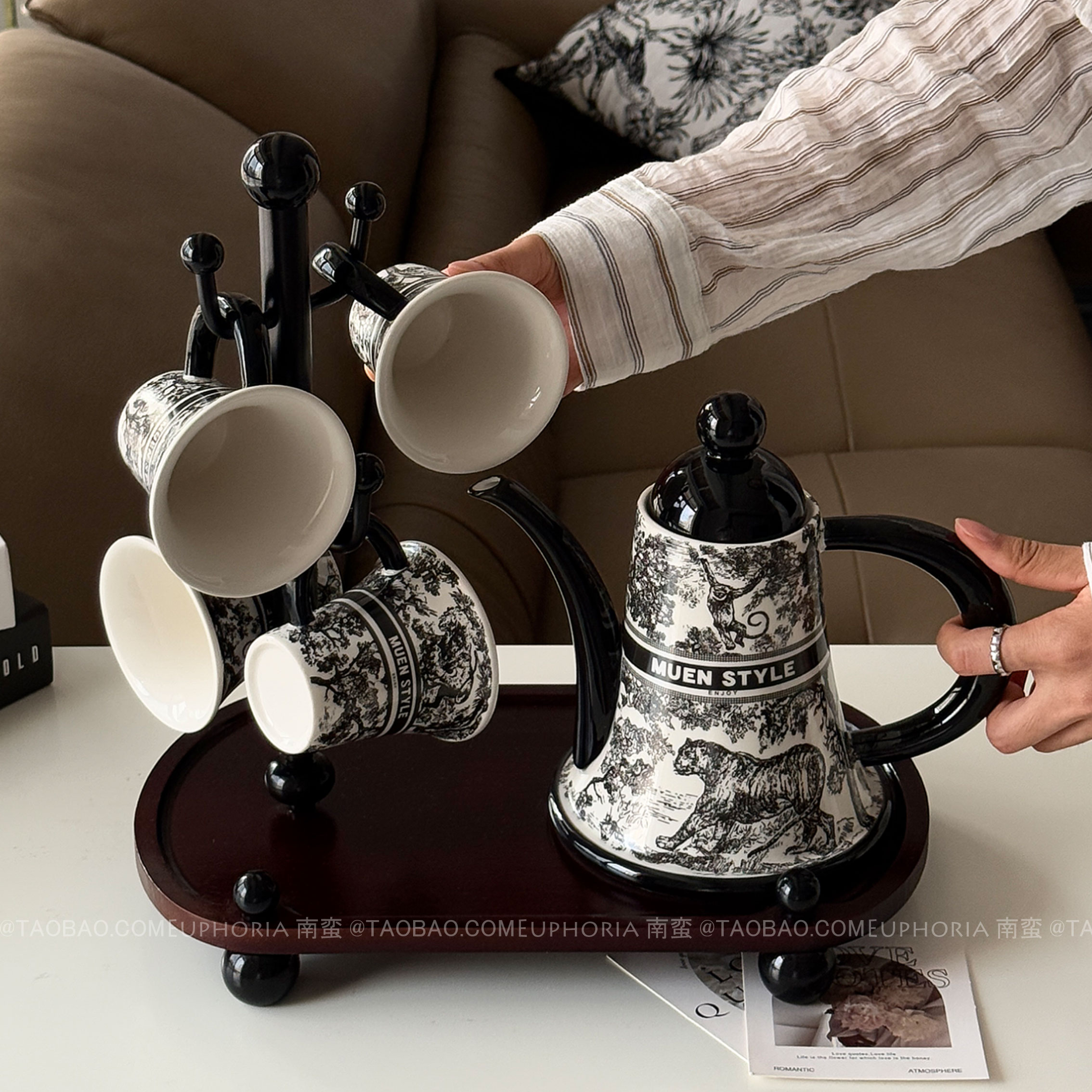 轻奢复古黑丛林陶瓷水具套装家用乔迁茶壶喝水杯高级感乔迁礼盒装