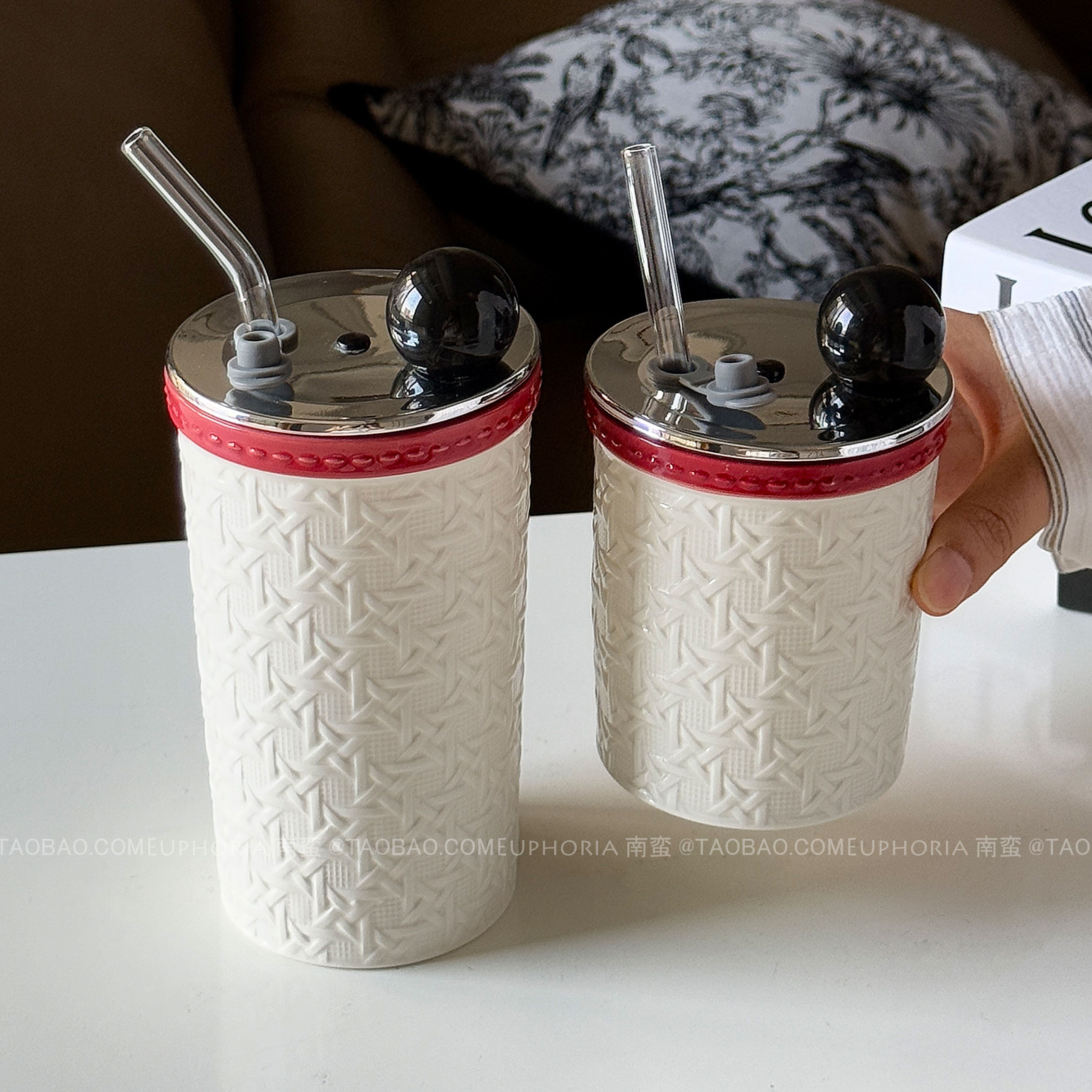 高级感轻奢创意藤编纹陶瓷杯马克杯高颜值吸管杯随手杯水杯冷饮杯