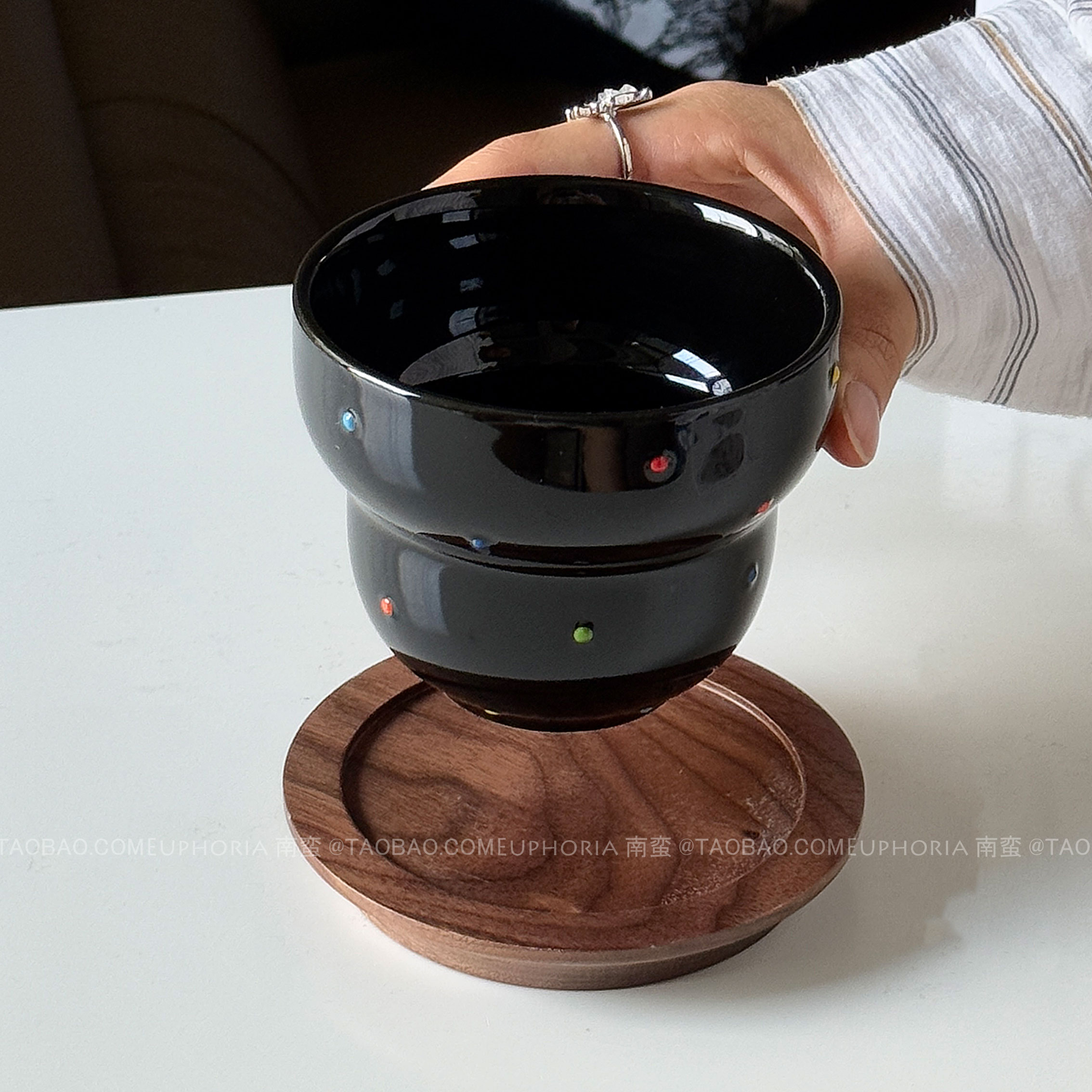 复古黑浮雕立体波点糖豆陶瓷手握杯葫芦杯咖啡杯子拉花拿铁杯礼物