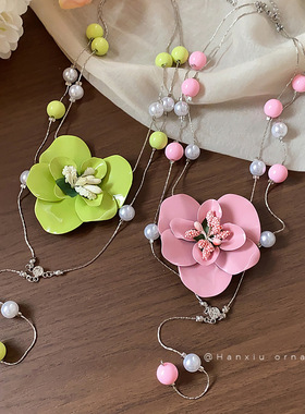 氛围感喷漆串珠花朵珍珠项链配饰女韩系甜美毛衣链轻奢高级感项饰