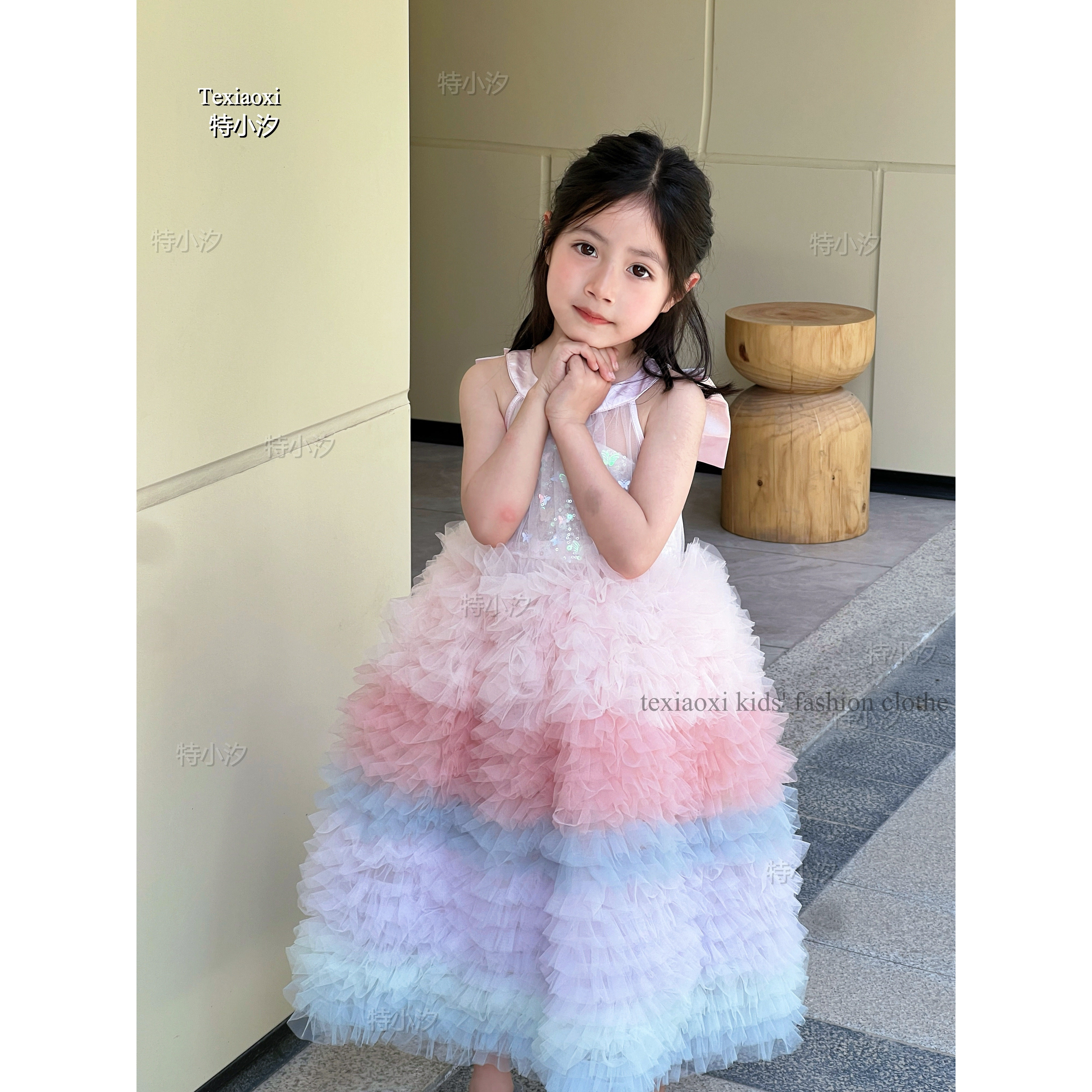 Txxkids特小汐女童春夏高级感渐变礼服彩虹彩色蓬蓬网纱裙蛋糕裙