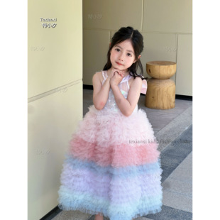 Txxkids特小汐女童春夏高级感渐变礼服彩虹彩色蓬蓬网纱裙蛋糕裙
