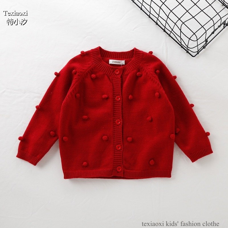 TXXKids特小汐女童毛衣圣诞新年红色毛衣手工球球针织开衫上衣