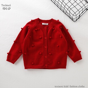 TXXKids特小汐女童毛衣圣诞新年红色毛衣手工球球针织开衫上衣