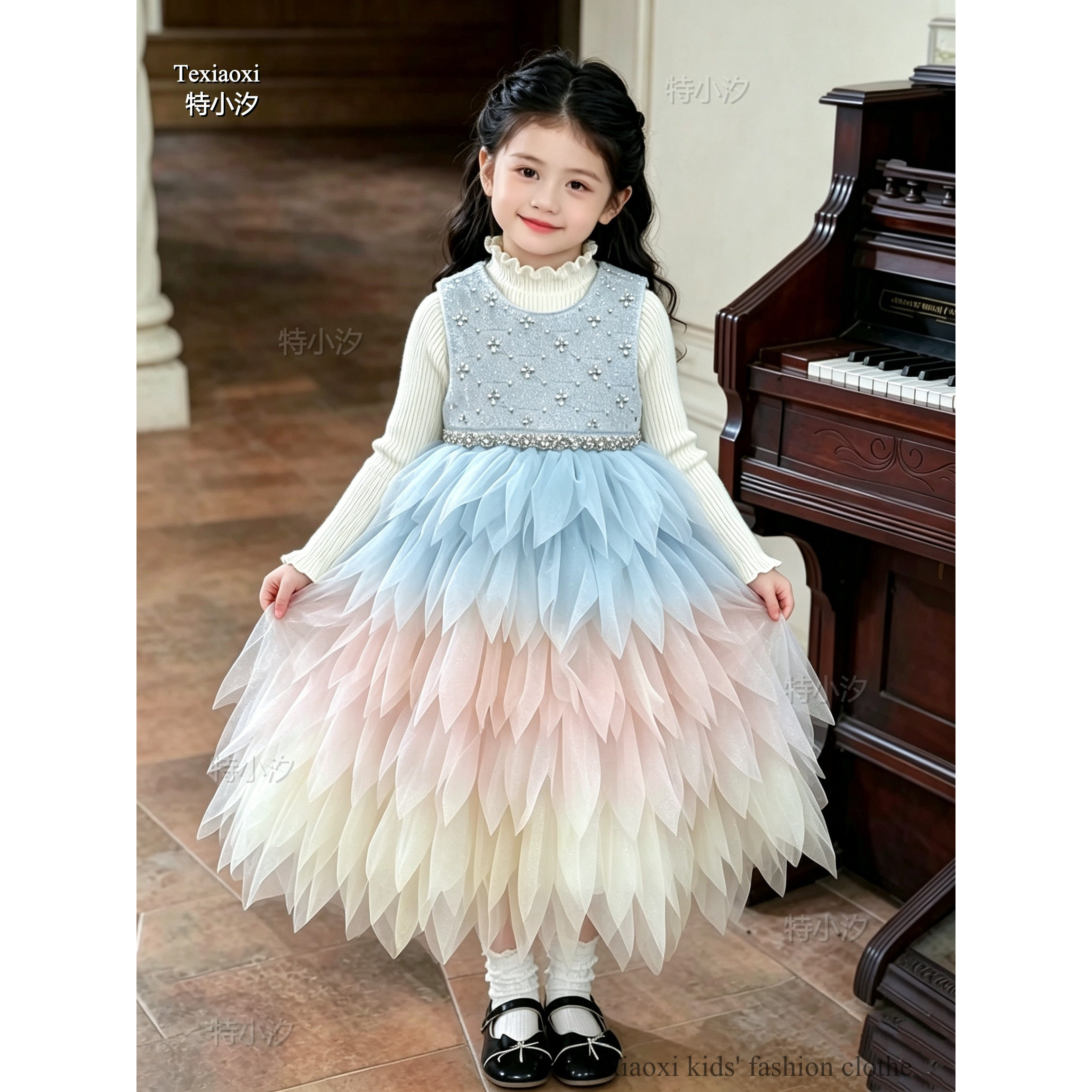 Txxkids特小汐女童背心裙套装秋冬儿童精灵花瓣生日礼服裙蓬蓬裙