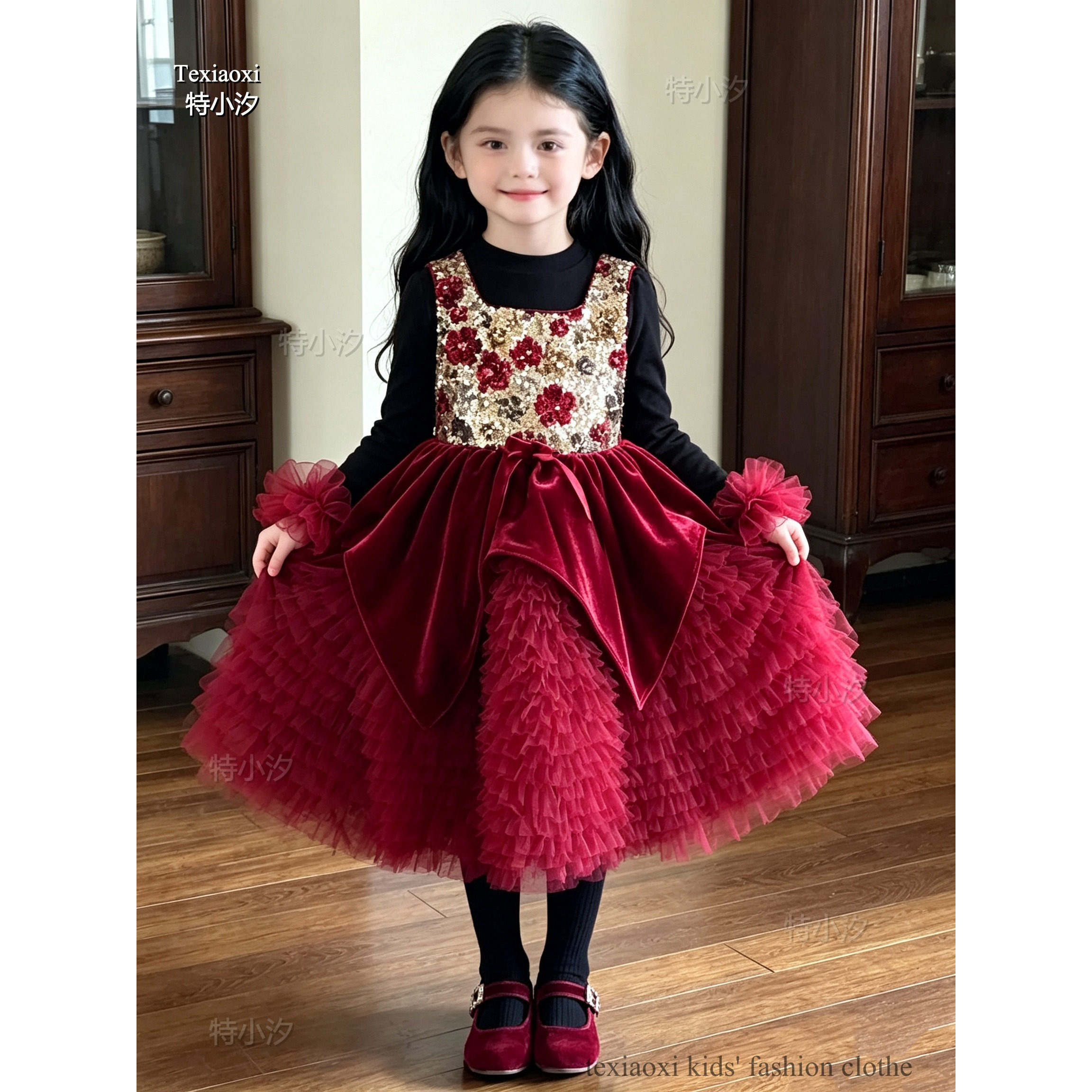 Txxkids特小汐女童公主裙冬儿童加绒生日礼服圣诞新年红裙蓬蓬裙