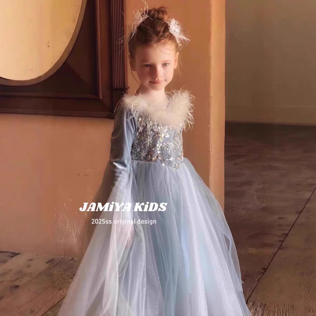 Txxkids特小汐女童爱莎蓝公主连衣裙秋冬洋气时髦蓝色羽毛礼服裙