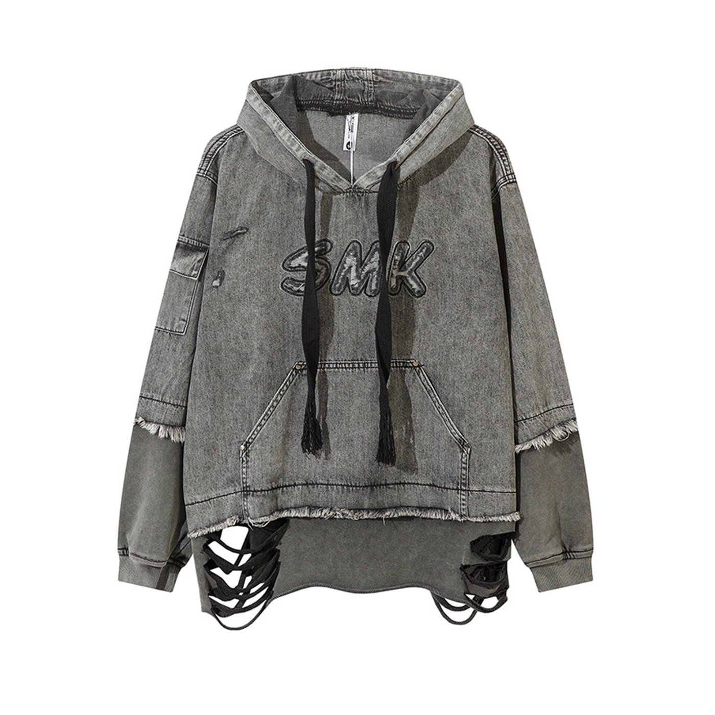 复古潮牌假二件水洗做旧破洞重工刺绣字母连帽牛仔卫衣外套男女