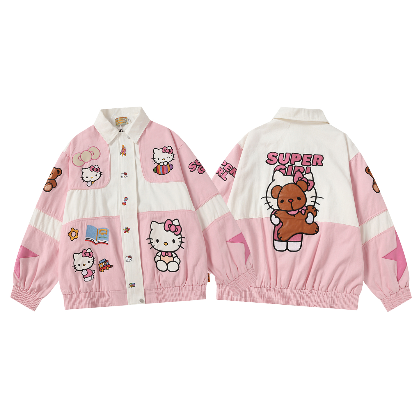 美式复古卡通刺绣重工机车外套秋季新款宽松中性拼接长袖夹克上衣