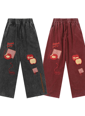 美式复古潮牌红色苹果休闲裤女2025新款宽松Bf童趣复古拖地阔腿裤