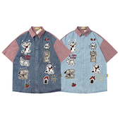 衬衫 美式 复古趣味狗狗刺绣牛仔拼接格子潮牌短袖 男女vintage宽松