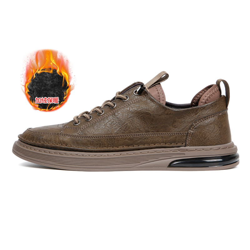 才子男鞋加绒板鞋男2025新款加厚保暖棉鞋时尚潮流低帮休闲皮鞋潮