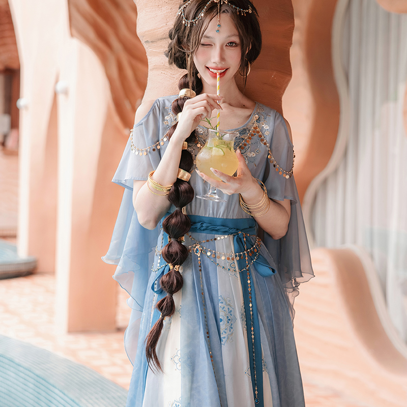 蕴锦[舞会茉莉] 改良汉服异域汉元素连衣裙 披帛腰链套装2024新款