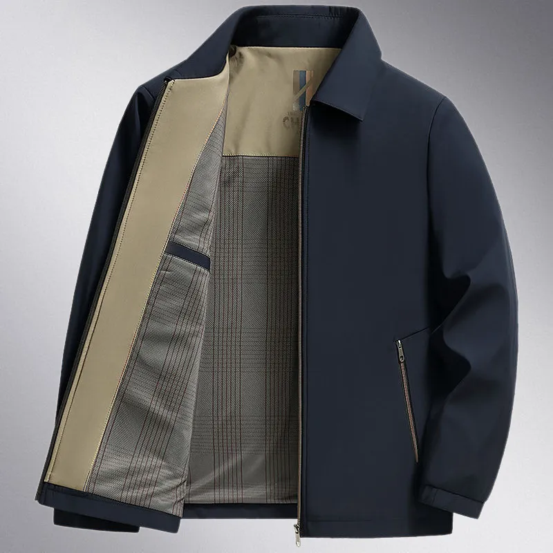 中年男士外套翻领夹克衫春秋季中老年人上衣服薄款爸爸装爷爷褂子