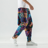 2025夏季新款潮流风男休闲拼色花长裤棉麻宽松低裆跨裤K56P40，男装休闲裤，星座1217-2