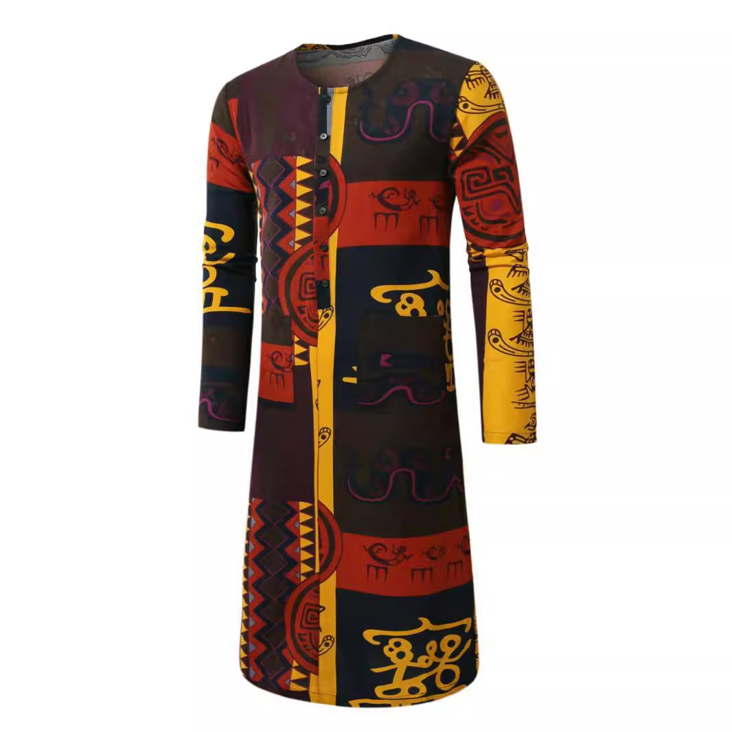 2024长袍欧美新款男装休闲宽松甲骨文民族印花长款睡袍LP02特P35，男装民族服装，星座1217-2