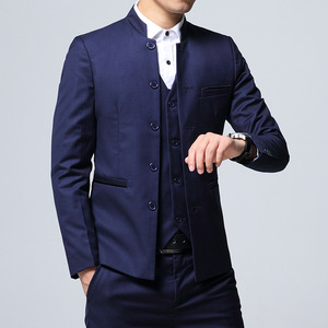 2021新款韩版修身中山装西服套装男结婚礼服西装三件套TZ1903P170图片