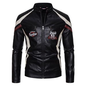 皮衣男秋冬季新款男士机车服外套防风撞色帅气pu皮夹克JK2336P100,焦糖休闲外套怎么搭配图片