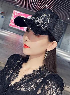 新款夏季女士蝴蝶结水钻棒球帽户外遮阳防晒清凉网帽鸭舌帽子