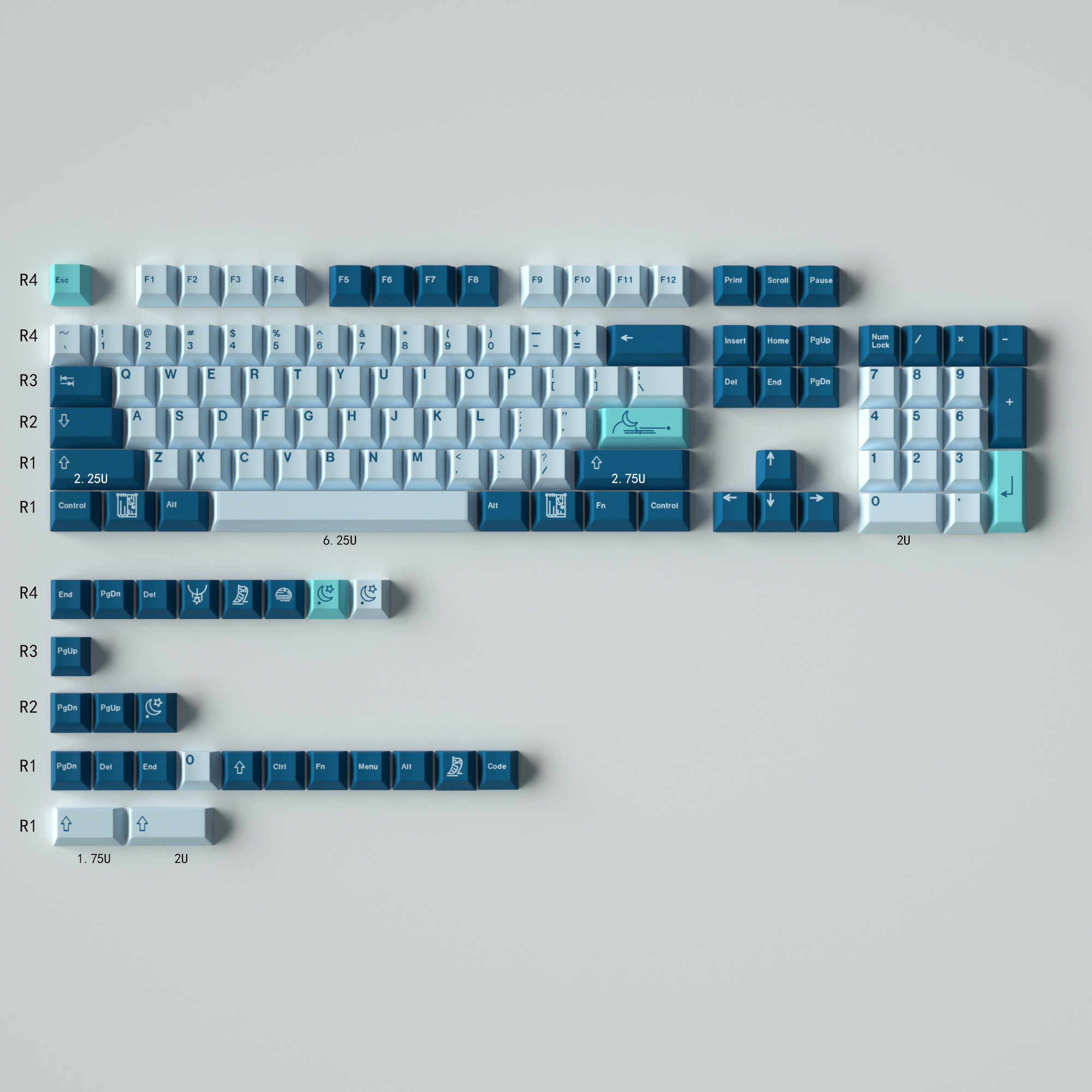 GMK NIGHTLIGHT KEYCAPS BLUE & WHITE ORIGINAL HEIGHT PBT SUBLIMATION LARGE FULL SET OF MECHANICAL KEYBOARD CAPS