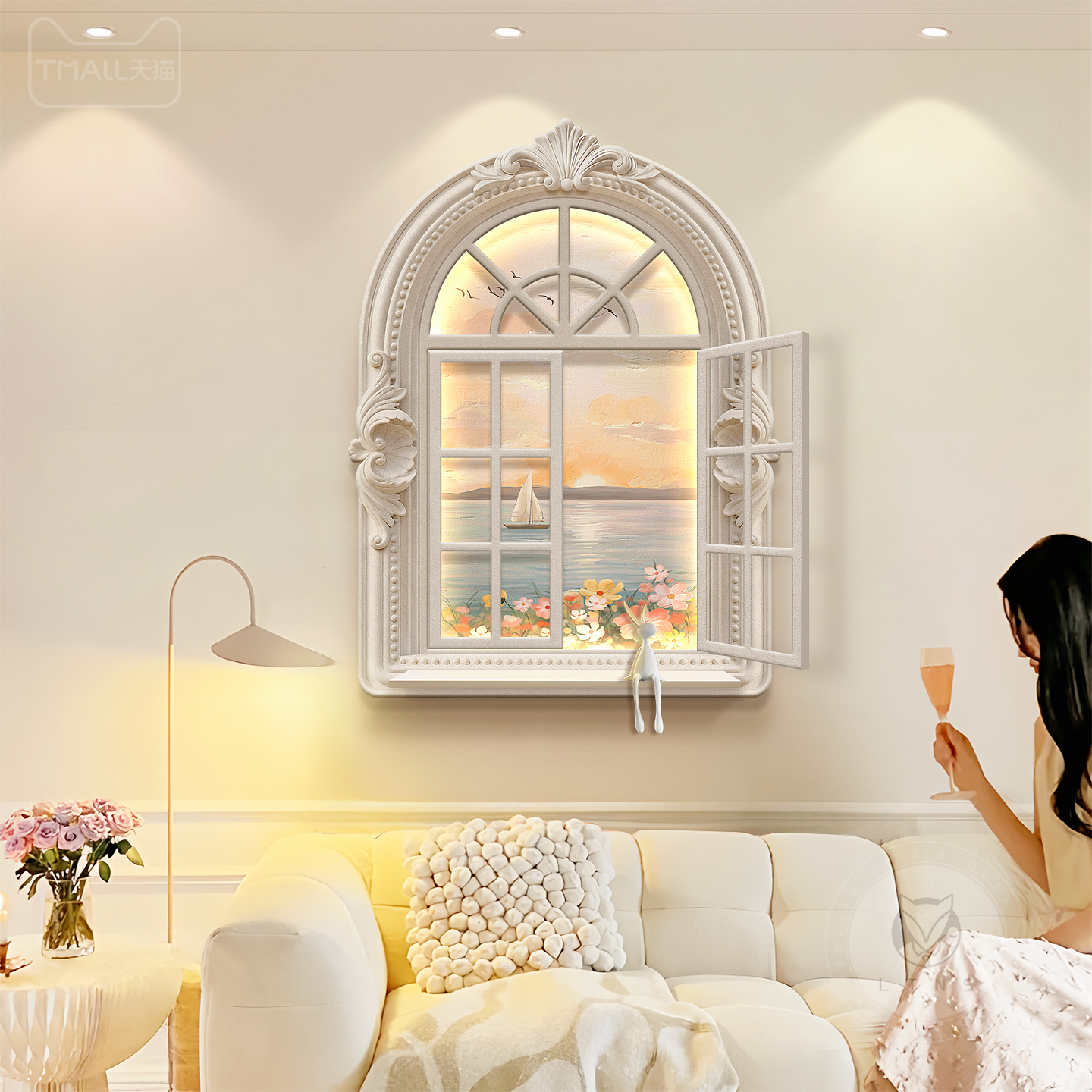 法式奶油风客厅装饰画仿真窗户