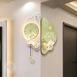 现代轻奢客厅转角挂钟2026新款山水画万年历电子双面时钟发光钟表