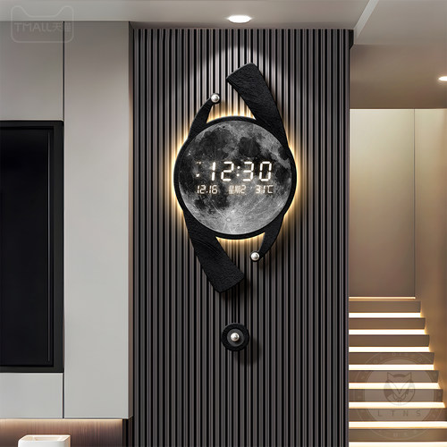 现代轻奢客厅挂钟高级感数显万年历电子时钟创意月球格栅壁灯钟表 - 封面