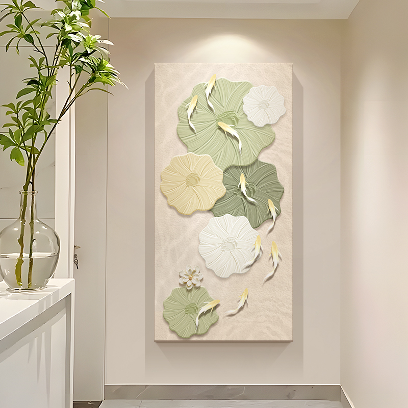 奶油风入户玄关装饰画九鱼图砂岩肌理正对门壁画过道走廊竖版挂画图片
