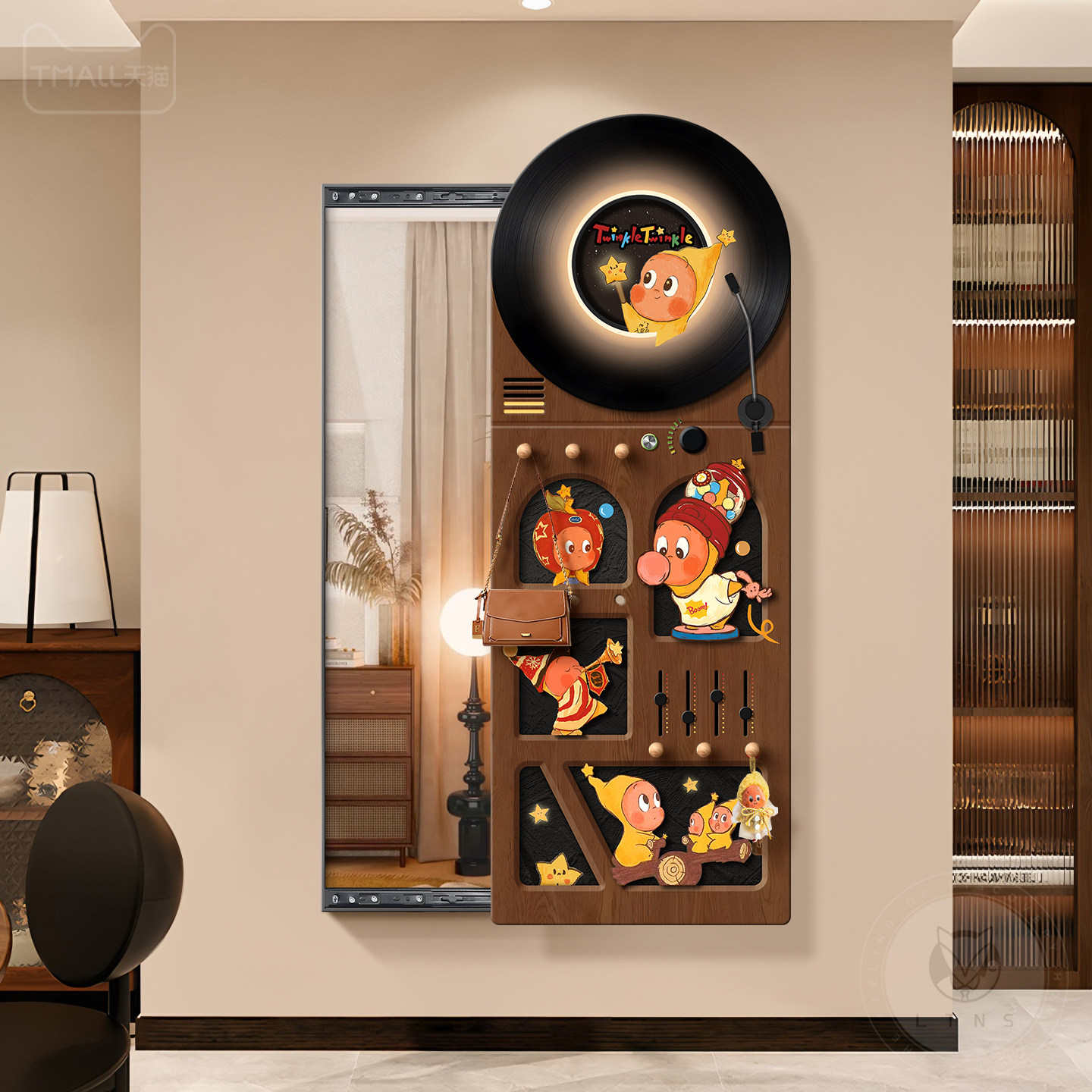 中古风星星人玄关镜子装饰画洞洞板暗藏遮挡穿衣镜推拉隐形全身镜