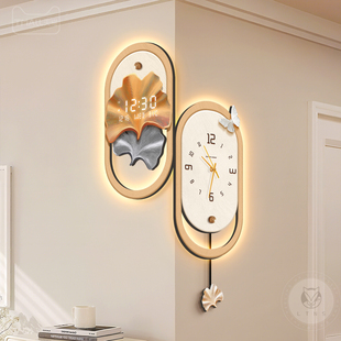 奶油风客厅转角挂钟2026新款银杏创意时钟拐角双面电子钟表壁灯画