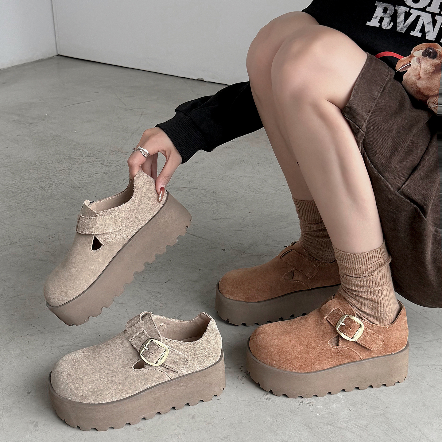 【履述先生】浮阶~真皮勃肯鞋女增高厚底小个子松糕鞋休闲单鞋