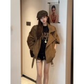 覆古咖色美拉德麂皮机车服外套女宽松2025秋冬新款 皮夹克上衣 工装