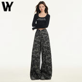 覆古高腰宽松显瘦直筒拖地裤 美式 女夏季 阔腿迷彩牛仔裤 子 高街工装