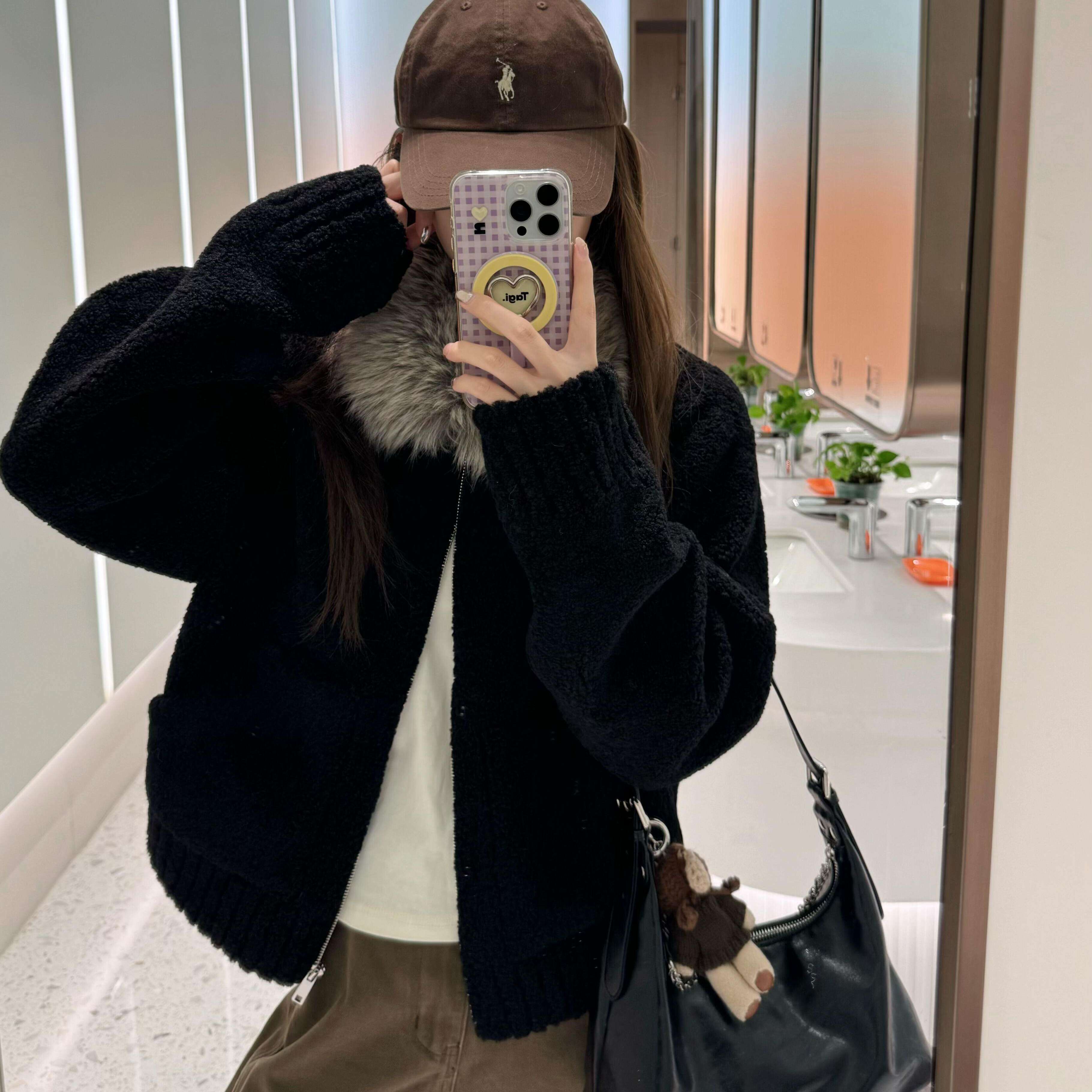 CEEYOU定染毛领小颗粒羊羔毛外套女新款皮毛一体加厚黑色环保皮草