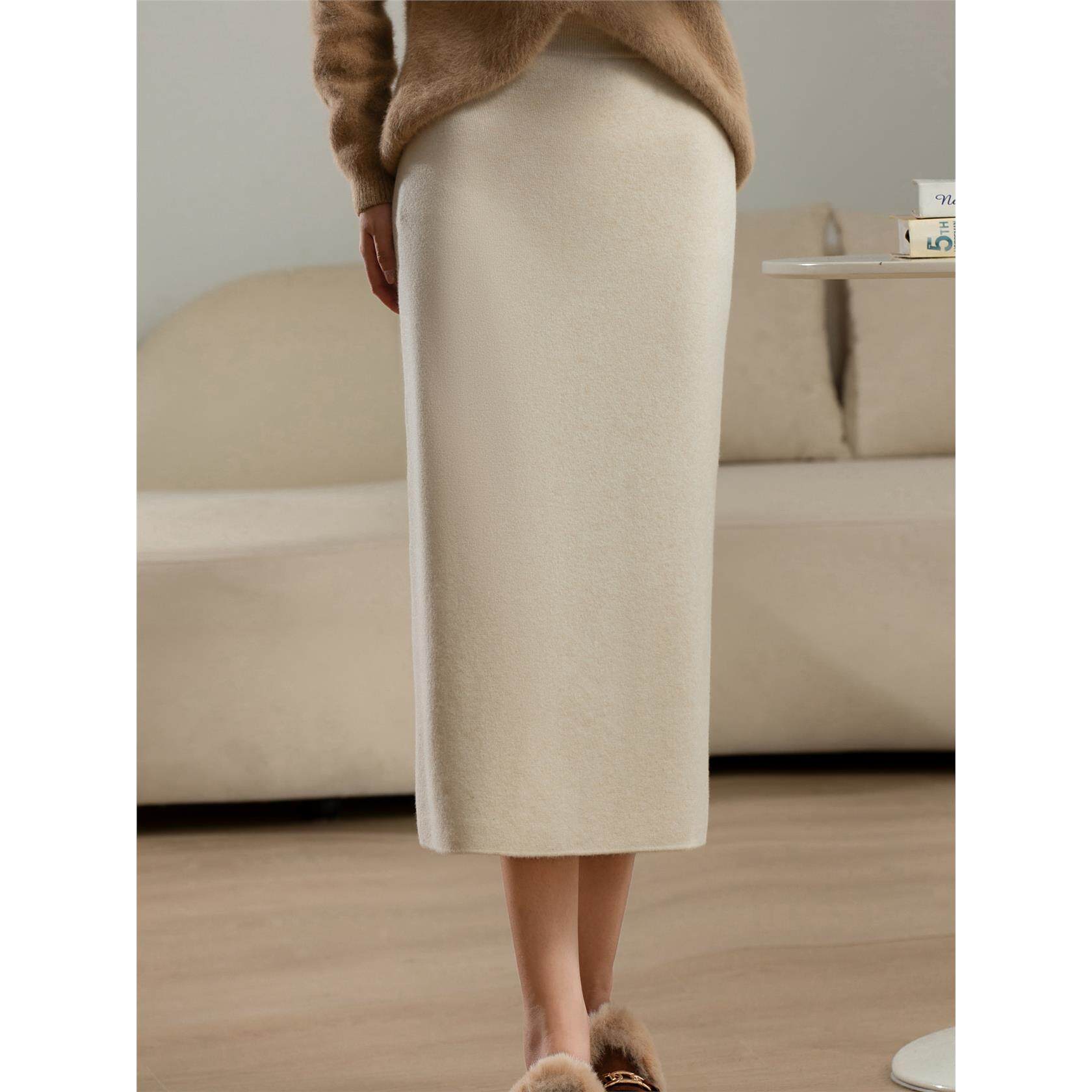 新款澳洲纯羊毛半身裙女秋冬中长款高腰直筒一步裙开叉针织包臀裙