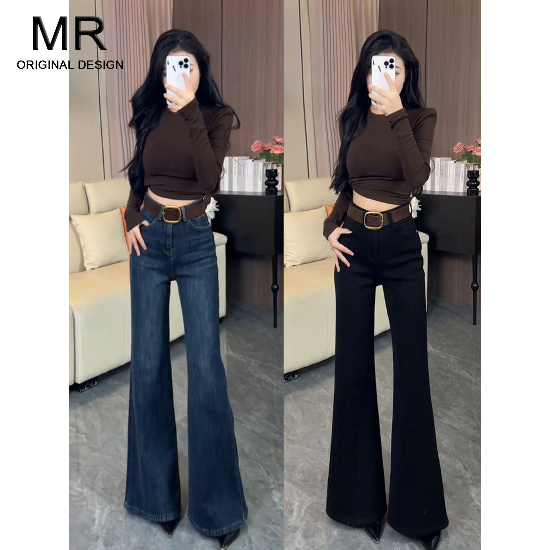 美式不贴腿微喇牛仔裤女冬季2025新款高腰设计感直筒拖地喇叭裤子