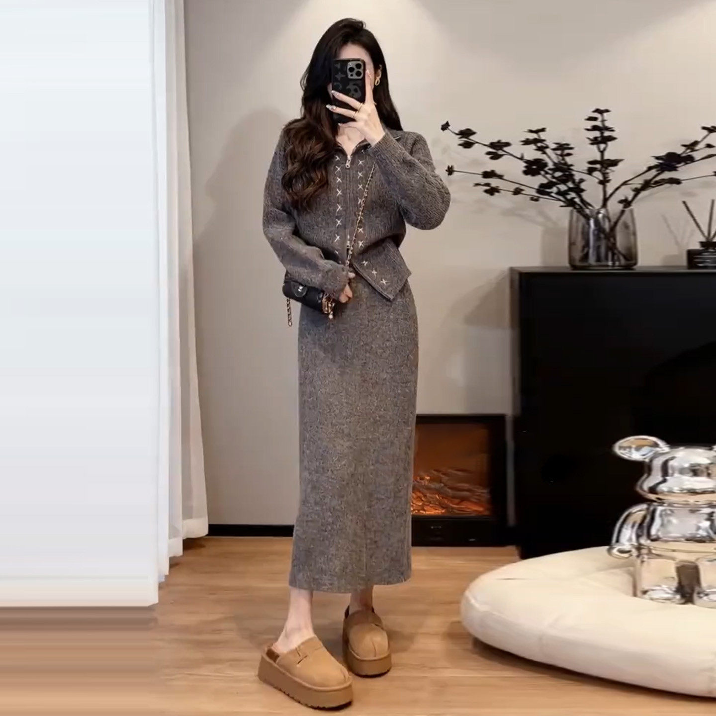 2026新款韩系高级感灰色针织毛衣洋装子女秋冬气质穿搭长裙套装