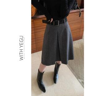 深灰色压褶毛呢半身裙女秋冬季高腰A字包臀五分裙小个子呢子短裙