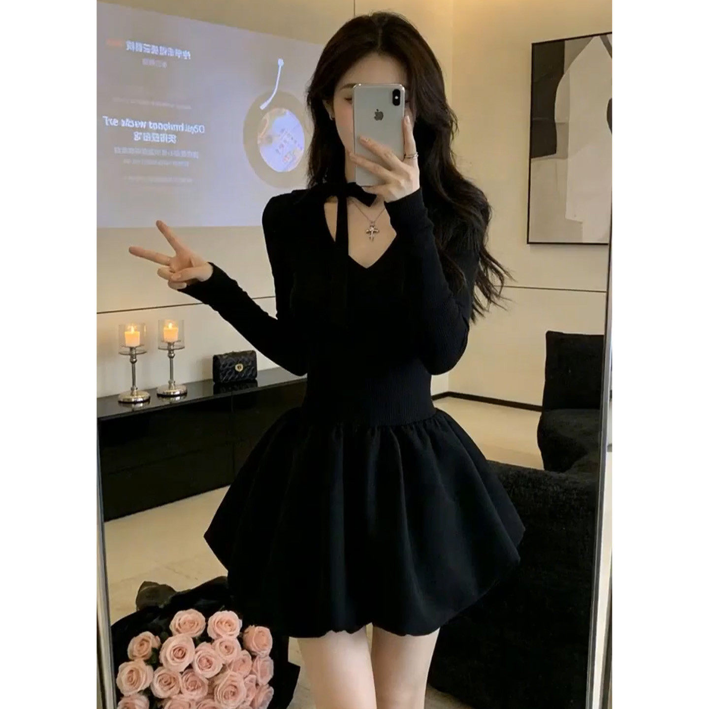法式千金风黑色v领针织连衣裙子女春季2026新款收腰生日a字花苞裙