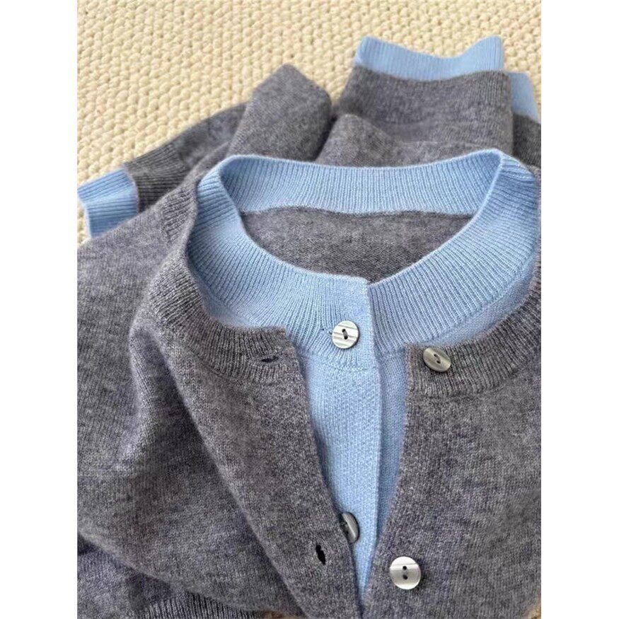 纯羊毛衫女100%羊毛针织开衫假两件低圆领毛衣2025新款秋冬季外套