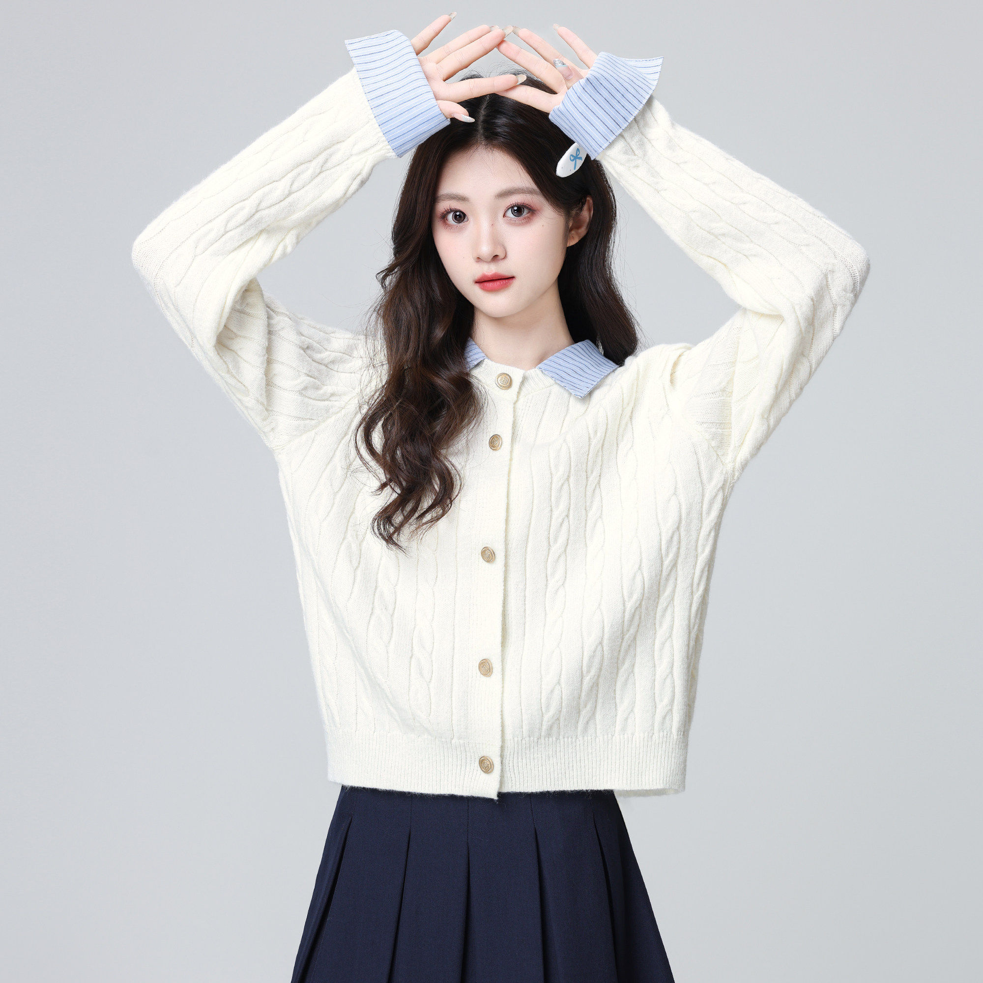 假两件polo领毛衣外套女2026春秋新款学院风宽松翻领针织开衫上衣