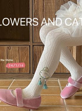 25新品女童春秋季薄款连裤袜子儿童国风小兔白色针织棉打底裤宝宝