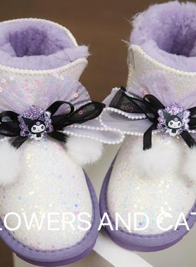 秋冬库洛米紫色儿童雪地靴皮毛一体女童厚短靴防滑马丁靴保暖棉靴