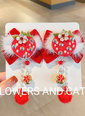 中国风醒狮发夹秋冬红色流苏毛绒发箍儿童发饰发卡女童蝴蝶结头饰