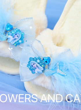 毛蝴蝶结儿童女孩室内拖鞋女童爱莎公主拖鞋宝宝白色可爱春夏款蓝