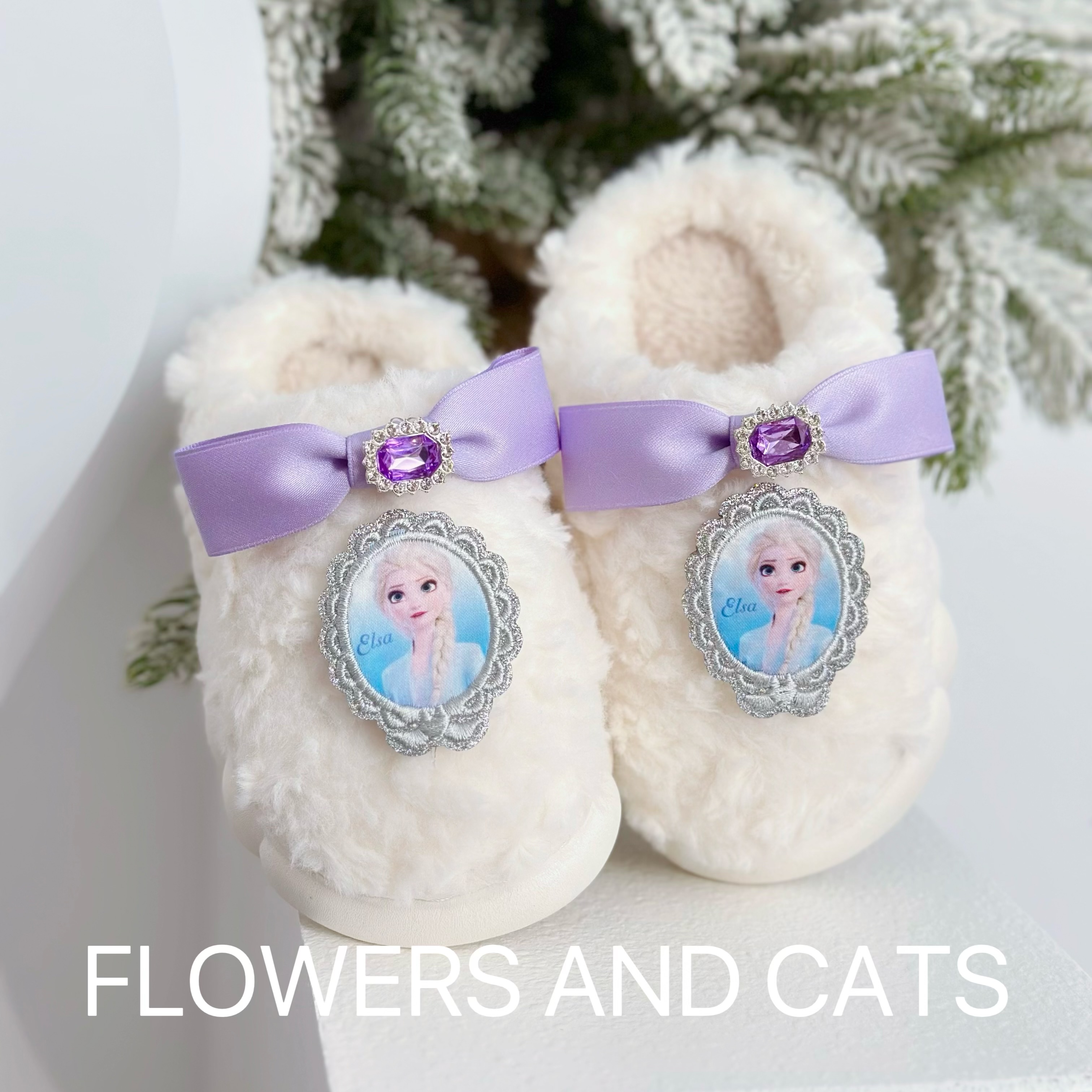 Flowers and Cats紫色艾莎儿童棉拖女童居家冰雪奇缘室内拖鞋棉鞋