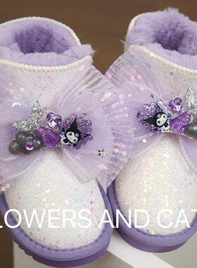 秋冬库洛米蝴蝶结紫色儿童雪地靴皮毛一体女厚短靴防滑马丁靴保暖