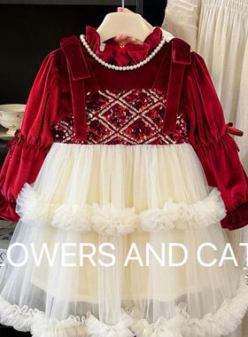 红色公主女童连衣裙网纱2025秋冬生日礼服裙针织毛衣裙公主裙蓬蓬