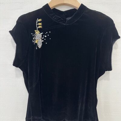 小艺欧货女装2026夏季款中式立领钉珠百搭显瘦丝绒短袖上衣69225H