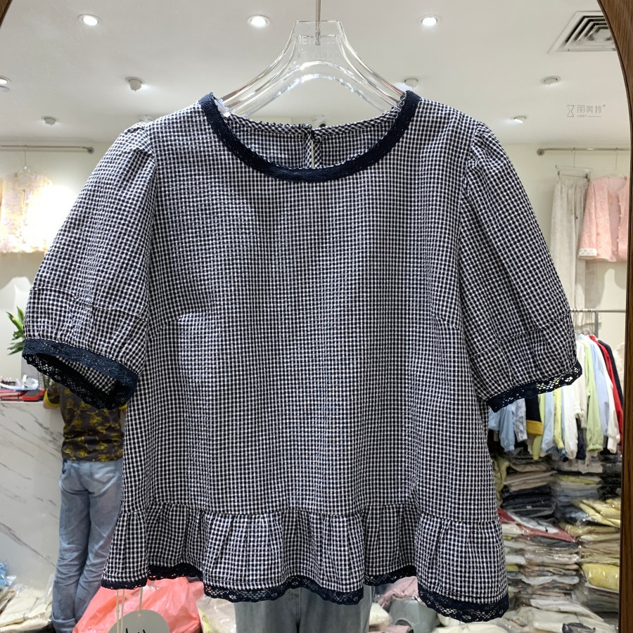欧货女装2025夏新款时尚圆领复古格子宽松显瘦百搭减龄衬衫25170
